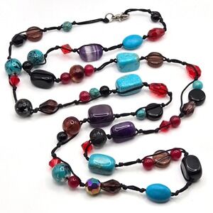 Multicolor Semi Precious Gemstone Glass Beaded Hand Knotted 32" Artisan Necklace